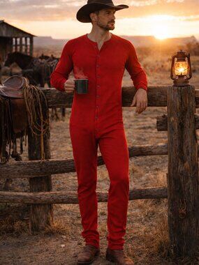 LL Bean Red Two Layer Union Suit Thermal Long Johns One Piece Western L USA